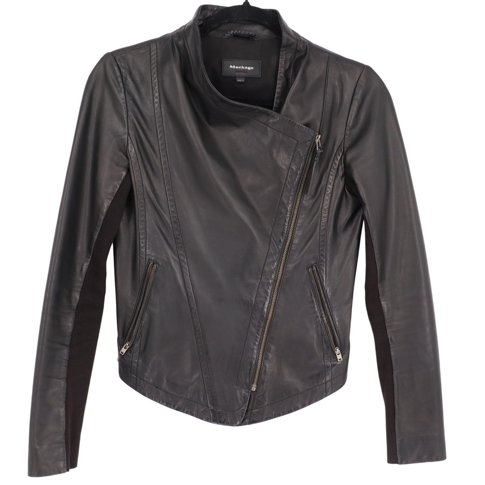Mackage Women's Black Lamb Leather Moto Biker Jacket Size XXS Asymmetrical Zip